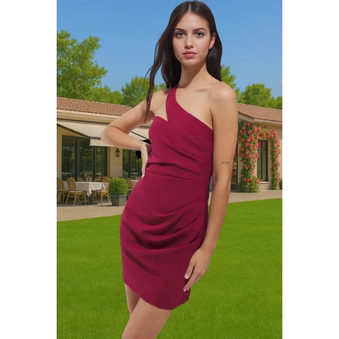 Asimetrik Yaka Mini Elbise Bodycon Kalıp Polyester Elastan Şık Elbise Seçkin Malzeme Özenle Seçilmiş