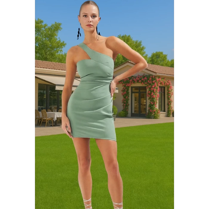 Asimetrik Yaka Mini Elbise Bodycon Kalıp Polyester Elastan Şık Elbise Seçkin Malzeme Özenle Seçilmiş