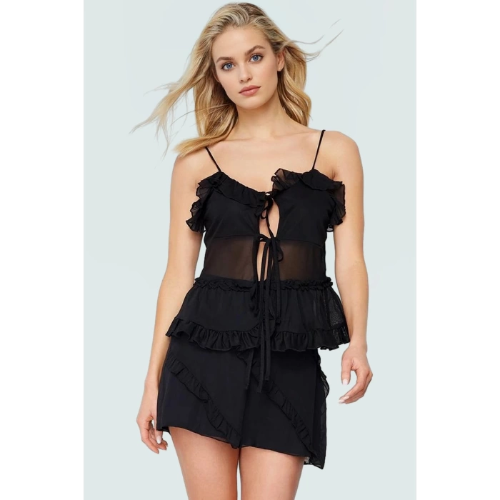 Askılı Bağlama Detaylı Tül Bluz Polyester Regular Kalıp Yazlık Rahat Kullanım Şık Görünüm