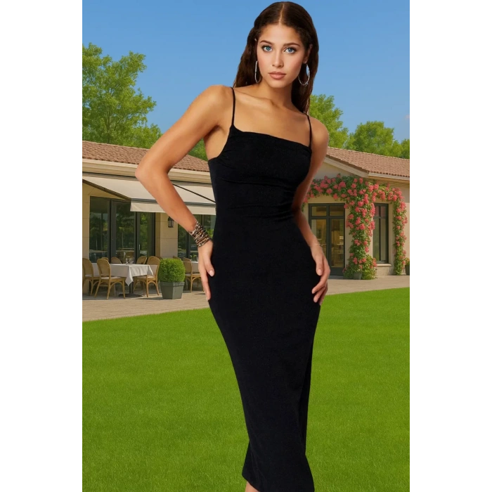 Askılı Bodycon Midi Elbise Simli Örme Polyester Karışımlı Özel Tasarım Seçkin Malzeme Premium Kalite
