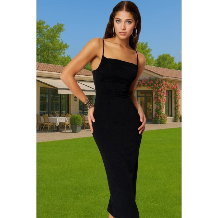 Askılı Bodycon Midi Elbise Simli Örme Polyester Karışımlı Özel Tasarım Seçkin Malzeme Premium Kalite