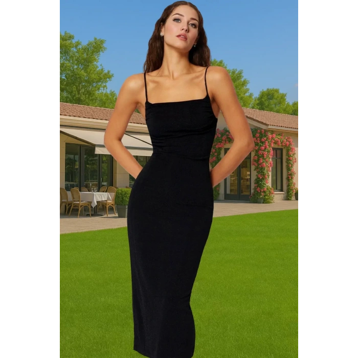 Askılı Bodycon Midi Elbise Simli Örme Polyester Karışımlı Özel Tasarım Seçkin Malzeme Premium Kalite