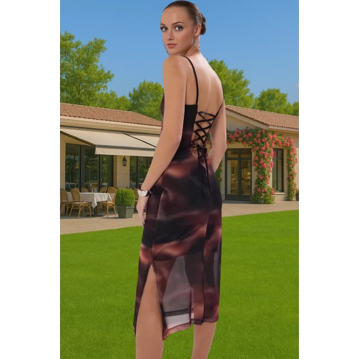 Askılı Bodycon Polyester Elbise Baskılı Tül Midi Premium Kalite Zarifane Tasarım Özel Tasarım