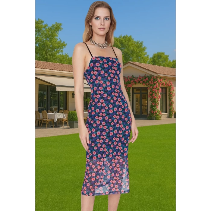 Askılı Bodycon Polyester Elbise Baskılı Tül Midi Premium Kalite Zarifane Tasarım Özel Tasarım