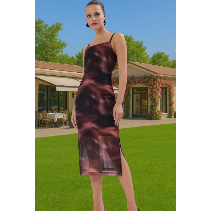 Askılı Bodycon Polyester Elbise Baskılı Tül Midi Premium Kalite Zarifane Tasarım Özel Tasarım