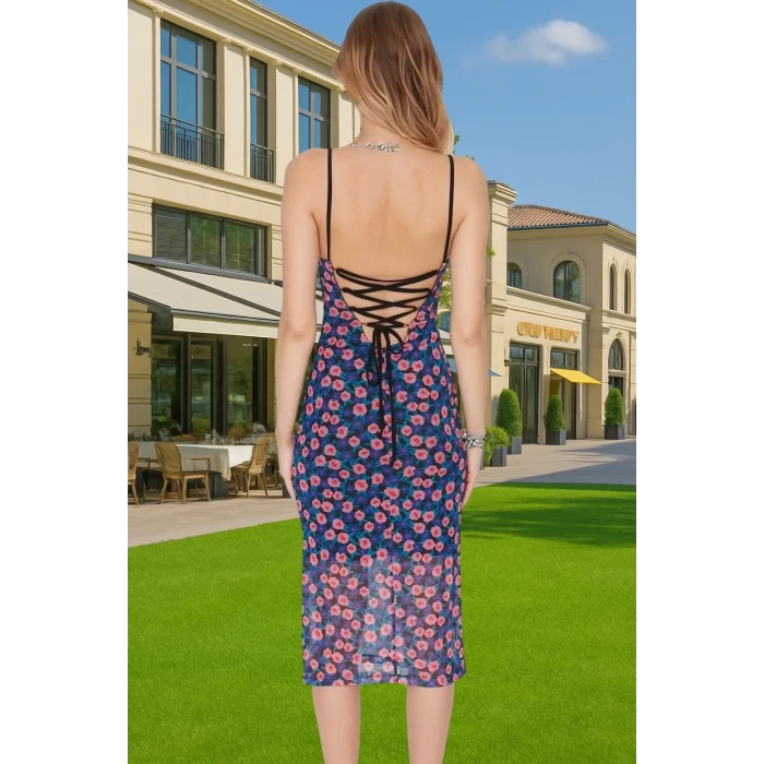 Askılı Bodycon Polyester Elbise Baskılı Tül Midi Premium Kalite Zarifane Tasarım Özel Tasarım