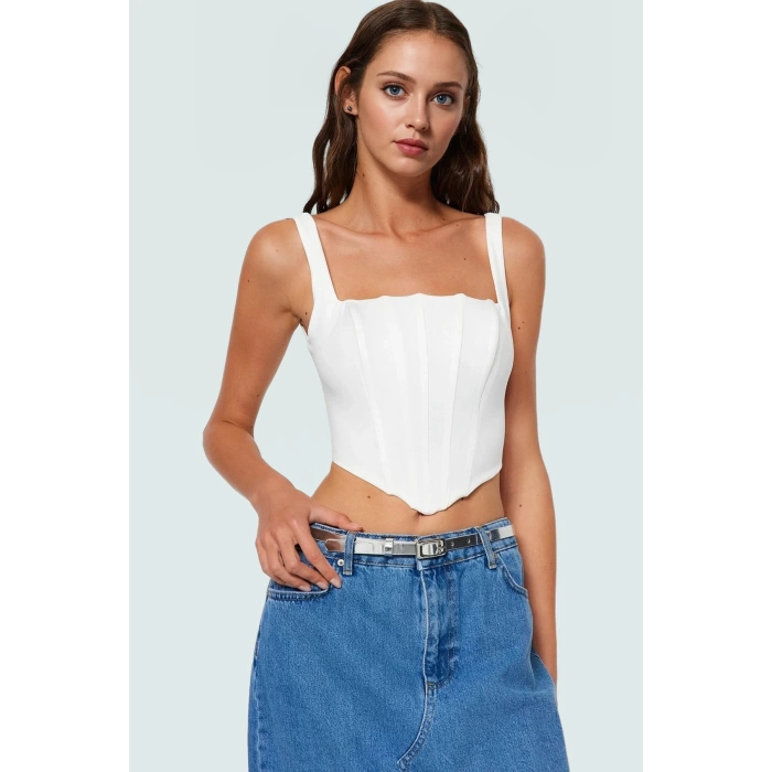 Askılı Korse Crop Bluz Dokuma Polyester Karışımlı Yazlık Şık Görünüm Modern Stil
