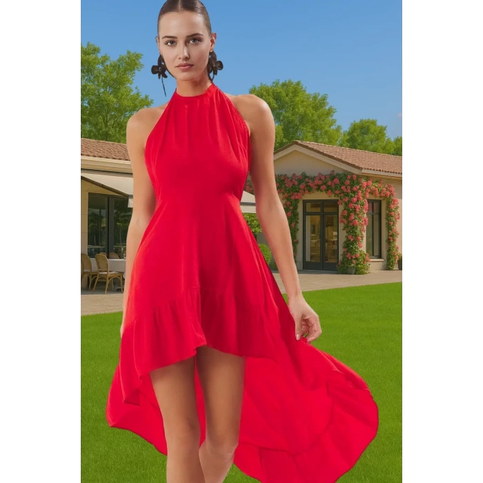 Askılı Volanlı Mini Plaj Elbisesi Crinkle Dokuma Polyester Yazlık Rahat Kullanım Kaliteli İşçilik