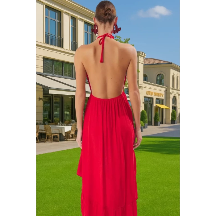 Askılı Volanlı Mini Plaj Elbisesi Crinkle Dokuma Polyester Yazlık Rahat Kullanım Kaliteli İşçilik