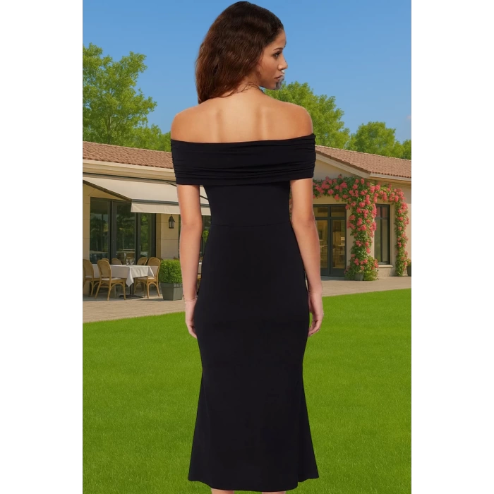 Astarlı Kadın Carmen Yaka Örme Midi Elbise Polyester Karışımlı Yazlık Şık Elbise Rahat Ve Şık