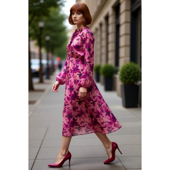 Astarlı Kadın Skater Midi Elbise Şifon Dokulu Baharlık Uzun Kollu Pembe Çiçek Desenli Stil