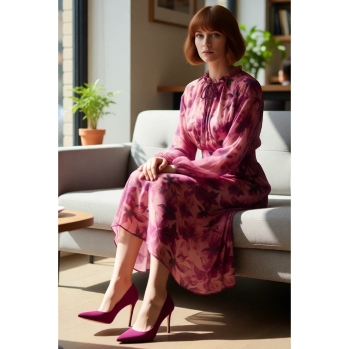 Astarlı Kadın Skater Midi Elbise Şifon Dokulu Baharlık Uzun Kollu Pembe Çiçek Desenli Stil