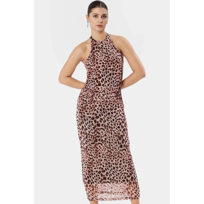 Astarlı Leopar Desenli Bodycon Maxi Elbise Şık ve Rahat Tasarım Boyundan Bağlamalı Yaka