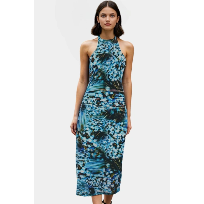 Astarlı Leopar Desenli Bodycon Maxi Elbise Şık ve Rahat Tasarım Boyundan Bağlamalı Yaka