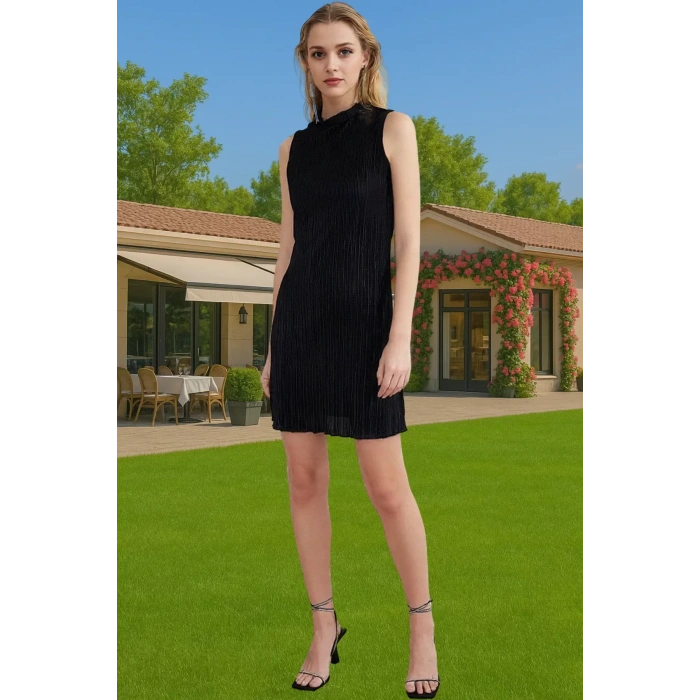 Astarlı Polyester Örme Mini Elbise Piliseli Dik Yaka Abiye Premium Kalite Günlük Kullanım İçin