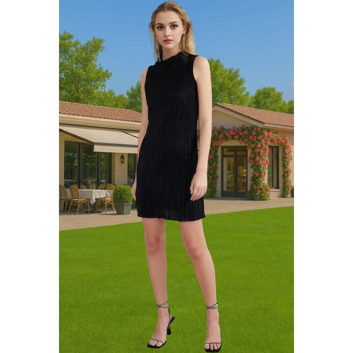 Astarlı Polyester Örme Mini Elbise Piliseli Dik Yaka Abiye Premium Kalite Günlük Kullanım İçin