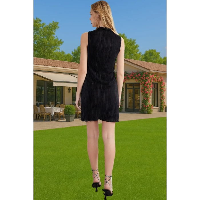 Astarlı Polyester Örme Mini Elbise Piliseli Dik Yaka Abiye Premium Kalite Günlük Kullanım İçin