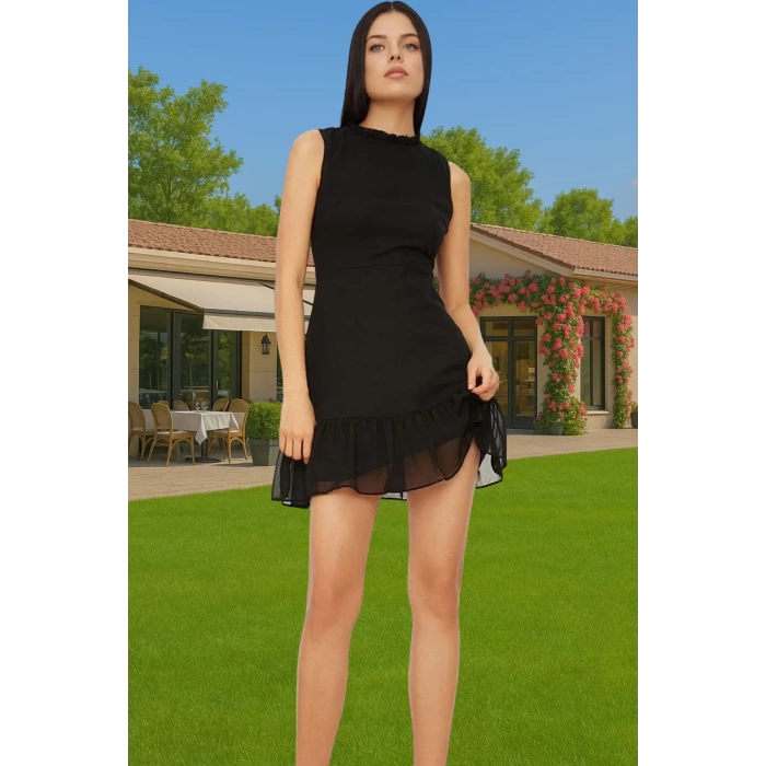 Astarlı Şifon Mini Elbise Dik Yaka A Kesim Polyester Yazlık Seçkin Malzeme Profesyonel Görünüm