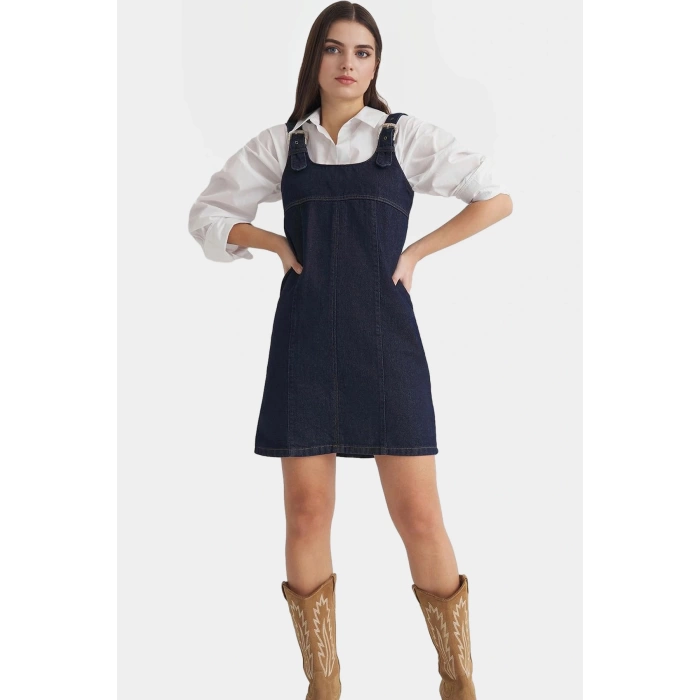 Ayarlanabilir Askılı Pamuk Denim Mini Elbise Rahat Kalıp Yazlık Ve Şık Zarifane Tasarım