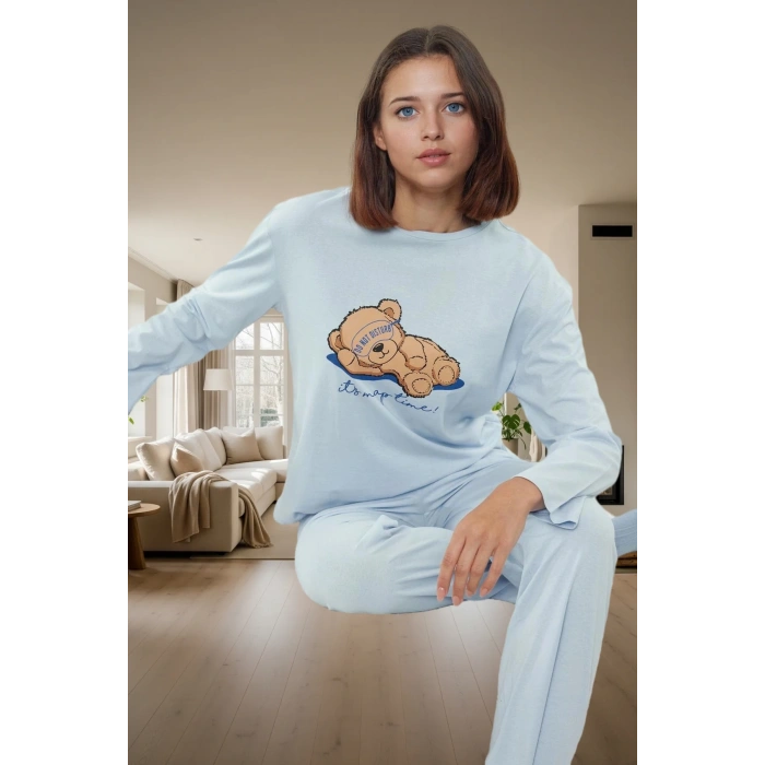 Ayıcık Baskılı Pamuklu Pijama Takımı Uzun Kollu Geniş Paça Regular Rahat Ve Şık