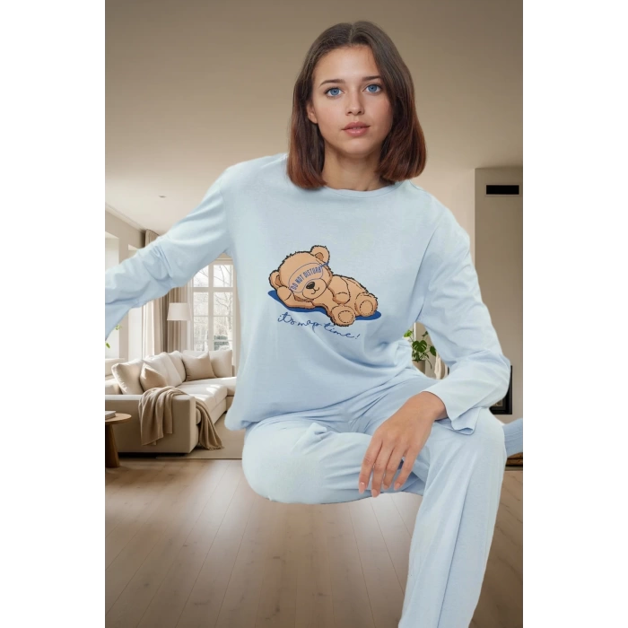 Ayıcık Baskılı Pamuklu Pijama Takımı Uzun Kollu Geniş Paça Regular Rahat Ve Şık