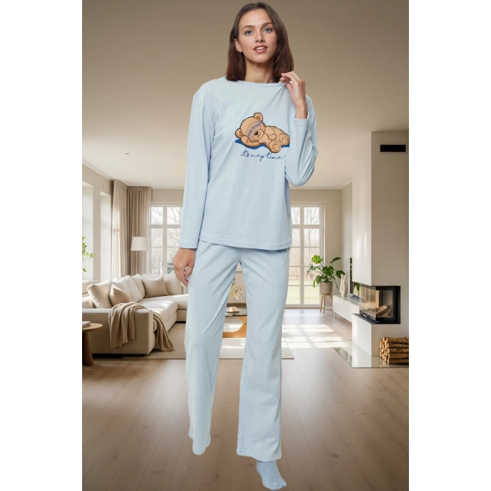 Ayıcık Baskılı Pamuklu Pijama Takımı Uzun Kollu Geniş Paça Regular Rahat Ve Şık