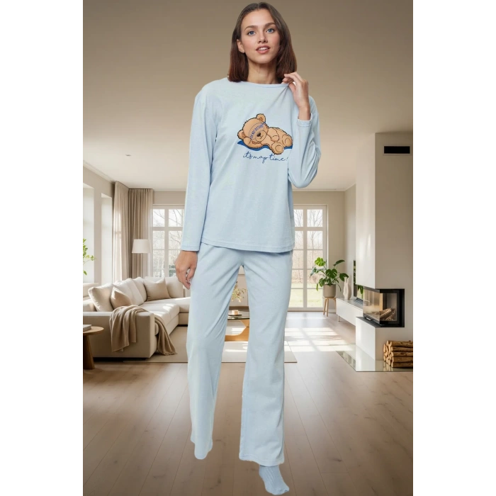 Ayıcık Baskılı Pamuklu Pijama Takımı Uzun Kollu Geniş Paça Regular Rahat Ve Şık