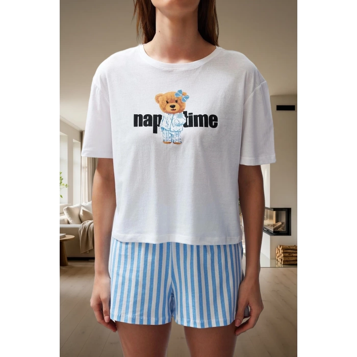 Ayıcıklı Çizgili %100 Pamuklu Pijama Takımı Rahat ve Şık Yaz Uykusu Mükemmel Uyum Dayanıklı Malzeme