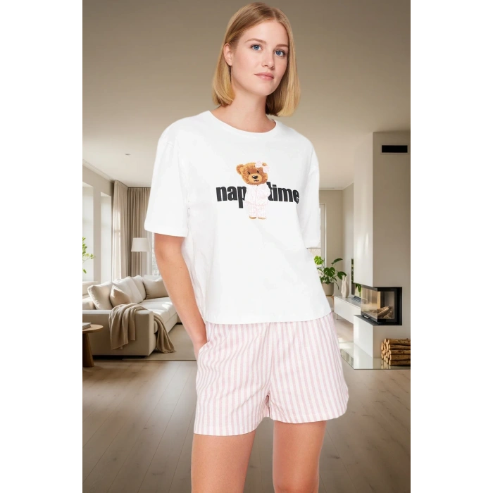 Ayıcıklı Çizgili %100 Pamuklu Pijama Takımı Rahat ve Şık Yaz Uykusu Mükemmel Uyum Dayanıklı Malzeme