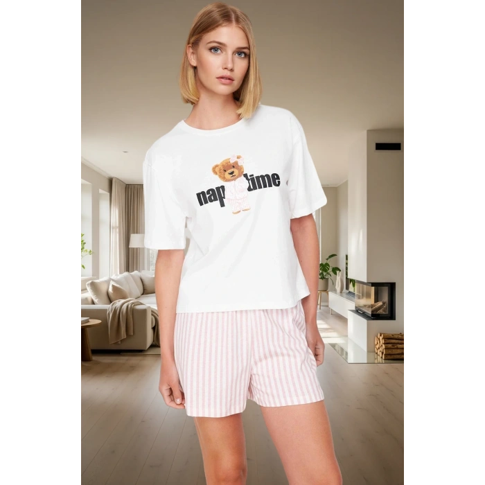 Ayıcıklı Çizgili %100 Pamuklu Pijama Takımı Rahat ve Şık Yaz Uykusu Mükemmel Uyum Dayanıklı Malzeme