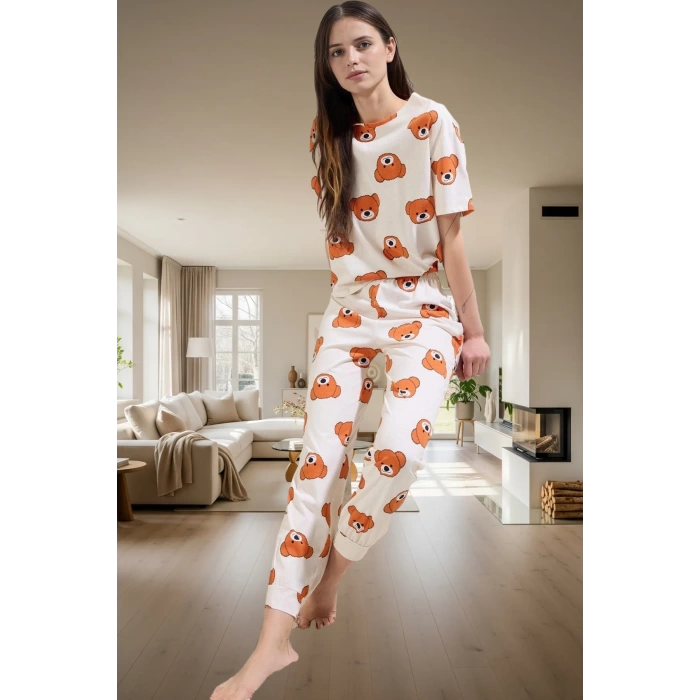 Ayıcıklı Kadın Pijama Takımı; %100 Pamuk Boru Paça Regular Kalıp Konforlu Kesim