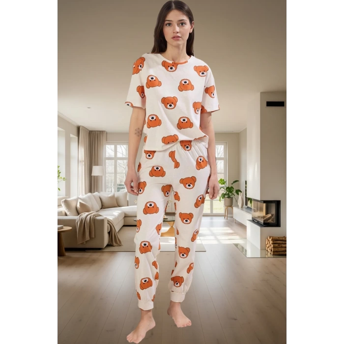 Ayıcıklı Kadın Pijama Takımı; %100 Pamuk Boru Paça Regular Kalıp Konforlu Kesim