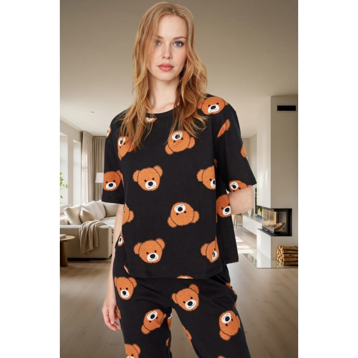 Ayıcıklı Kadın Pijama Takımı; %100 Pamuk Boru Paça Regular Kalıp Konforlu Kesim