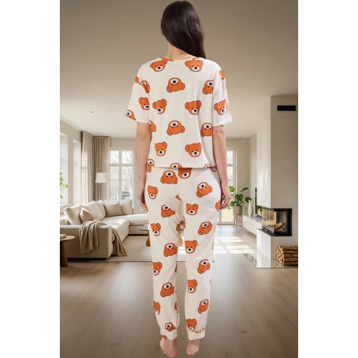 Ayıcıklı Kadın Pijama Takımı; %100 Pamuk Boru Paça Regular Kalıp Konforlu Kesim
