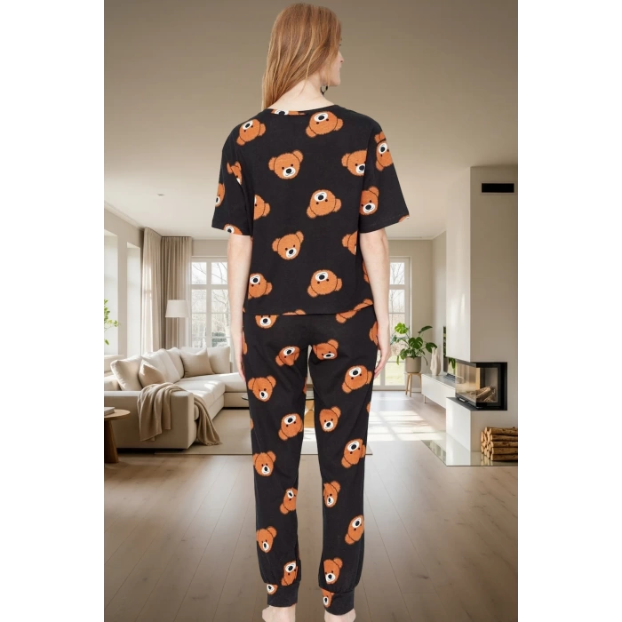 Ayıcıklı Kadın Pijama Takımı; %100 Pamuk Boru Paça Regular Kalıp Konforlu Kesim