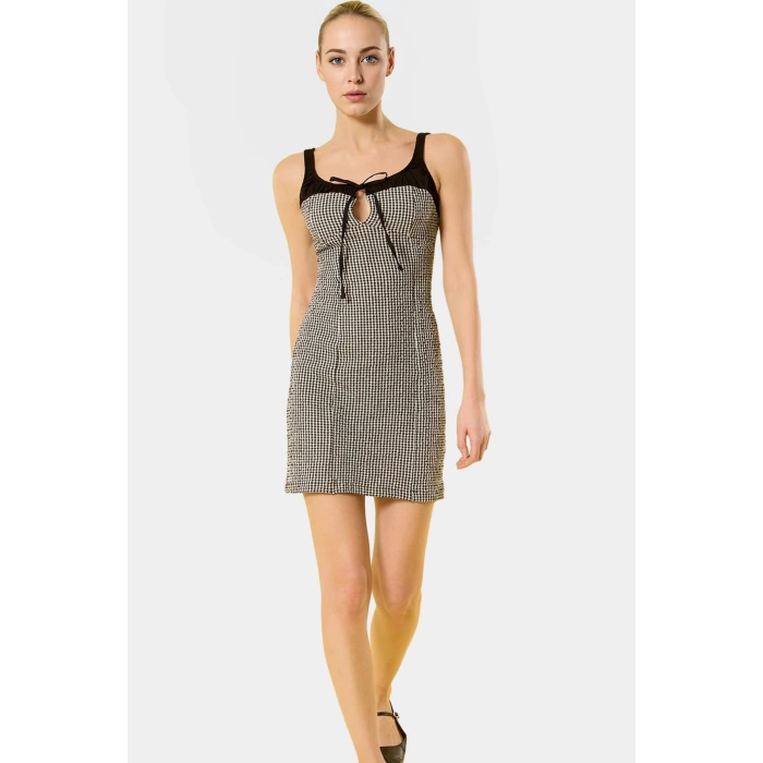 Bağcıklı Havuz Yaka Mini Elbise Ekose Desenli Vücudu Saran Rahat Polyester Kumaş Trend Tasarım