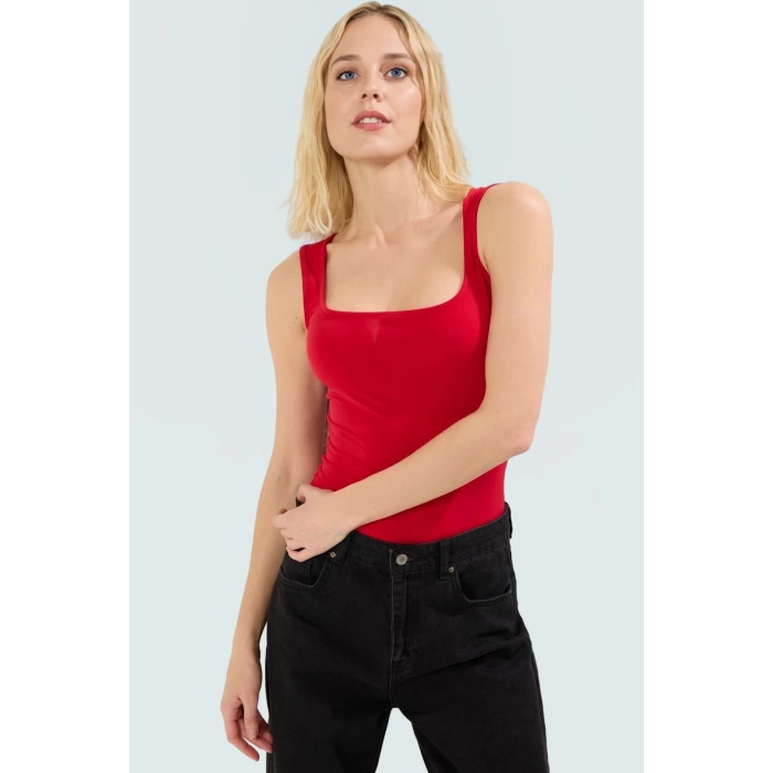 Basic Kare Yaka Bluz Polyester Örme Kumaş Fitted Yazlık Modern Stil Yüksek Kalite