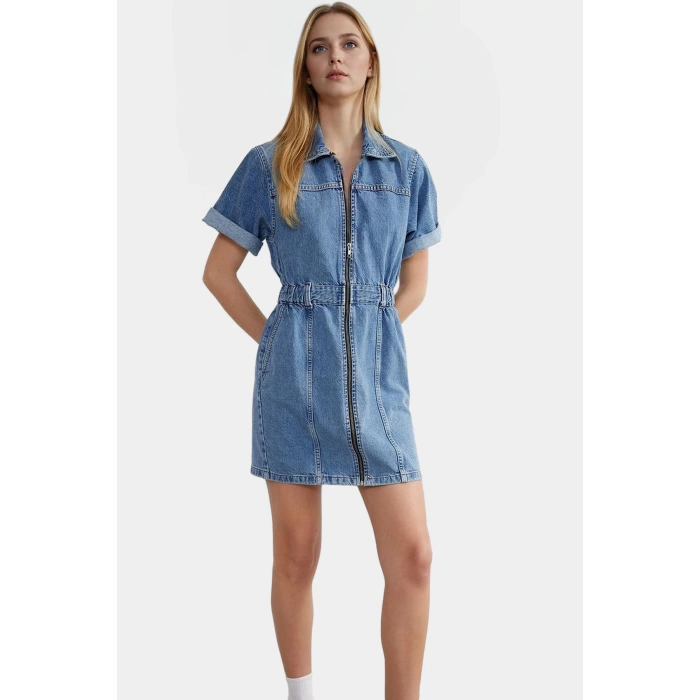 Basic Koleksiyon Denim Elbise Kısa Kol Dik Yaka Fermuarlı Rahat Kullanım Seçkin Malzeme