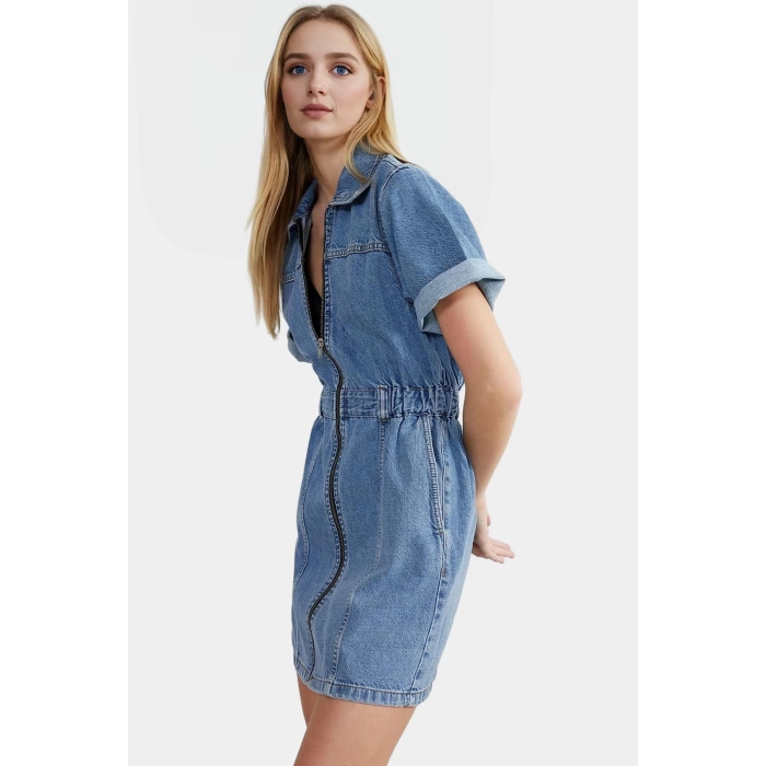 Basic Koleksiyon Denim Elbise Kısa Kol Dik Yaka Fermuarlı Rahat Kullanım Seçkin Malzeme