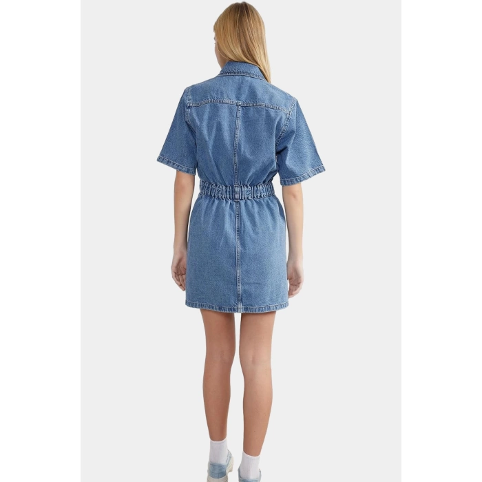 Basic Koleksiyon Denim Elbise Kısa Kol Dik Yaka Fermuarlı Rahat Kullanım Seçkin Malzeme