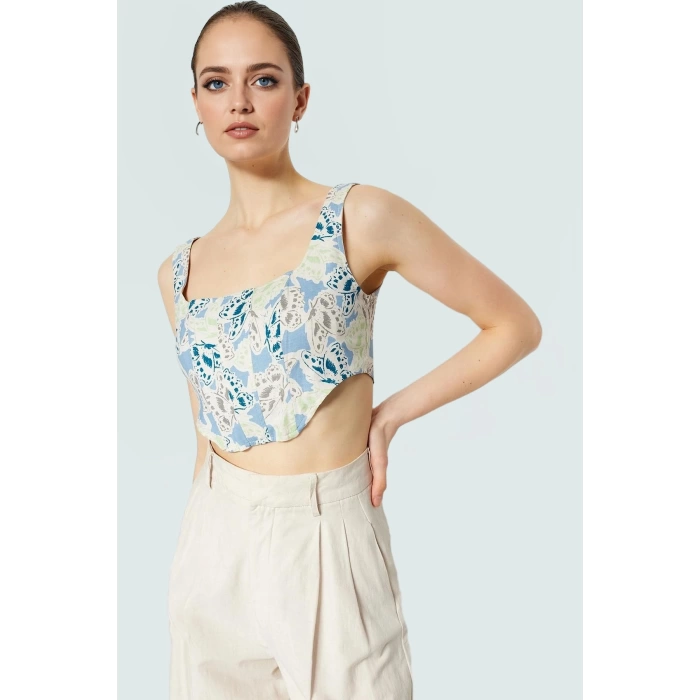 Basic Koleksiyon Fitted Crop Bluz Kare Yaka Çok Çiçek Desenli Dokuma Uzun Ömürlü