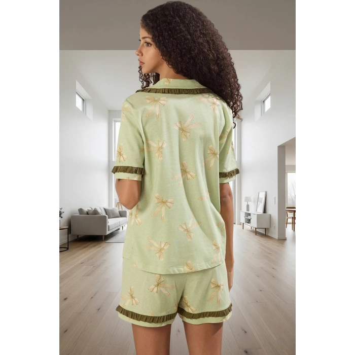 Baskılı Kurdele Detaylı Pamuklu Pijama Takımı Kaliteli İşçilik Zarifane Tasarım Şık Görünüm