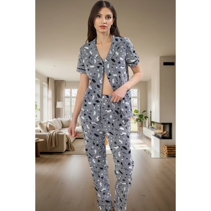 Baskılı Örme Pijama Takımı %100 Pamuk Regular Kalıp Rahat Uyku Şık Görünüm