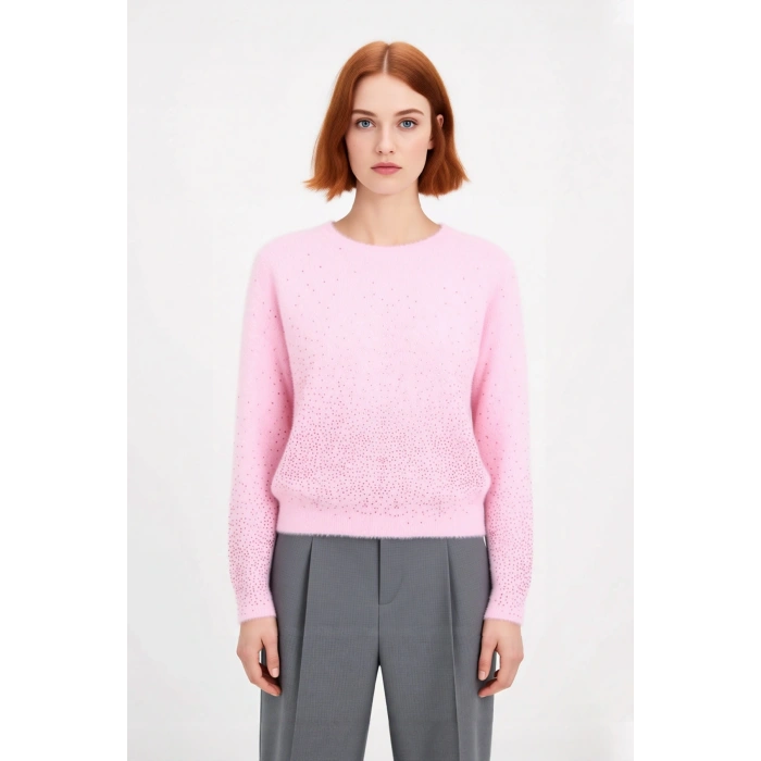 Bayan Pembe Işıltılı Taş Detaylı Yumuşak Triko Kazak Bisiklet Yaka Rahat Ve Modern Tasarım