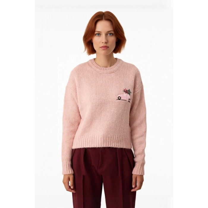 Bayan Pembe Nakış Detaylı Yılbaşı Konseptli Crop Kesim Uzun Kol Triko Kazak Modeli Kaliteli