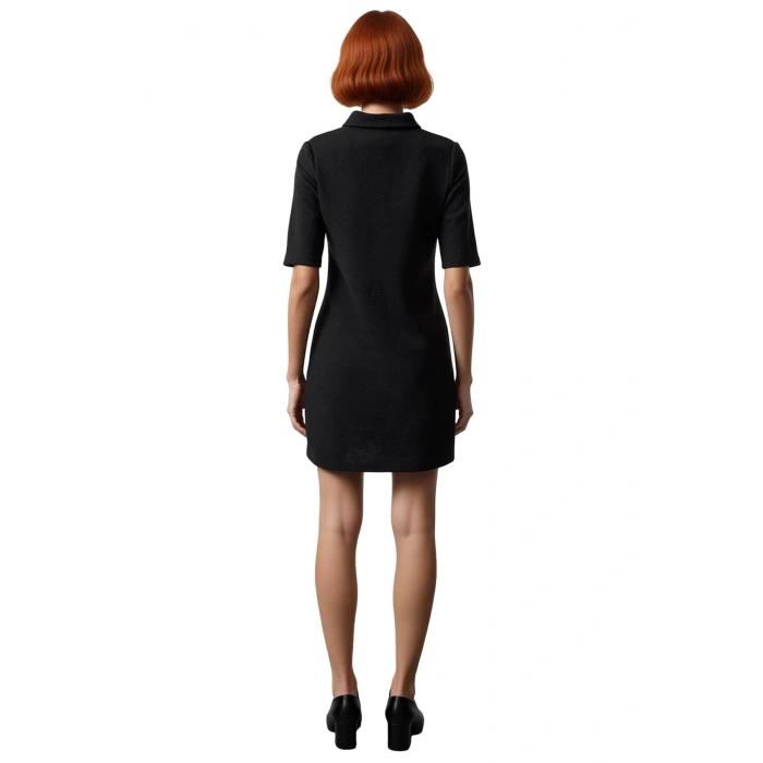 Bayan Smart Casual Düz Desenli Örme Kumaş Düğmeli Kısa Kollu Mini Elbise Sonbahar Kış Stili