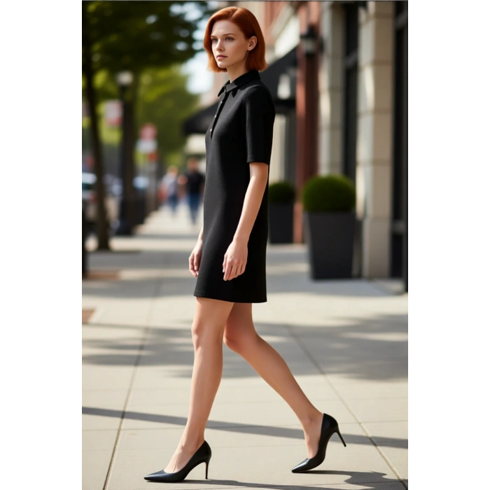 Bayan Smart Casual Düz Desenli Örme Kumaş Düğmeli Kısa Kollu Mini Elbise Sonbahar Kış Stili