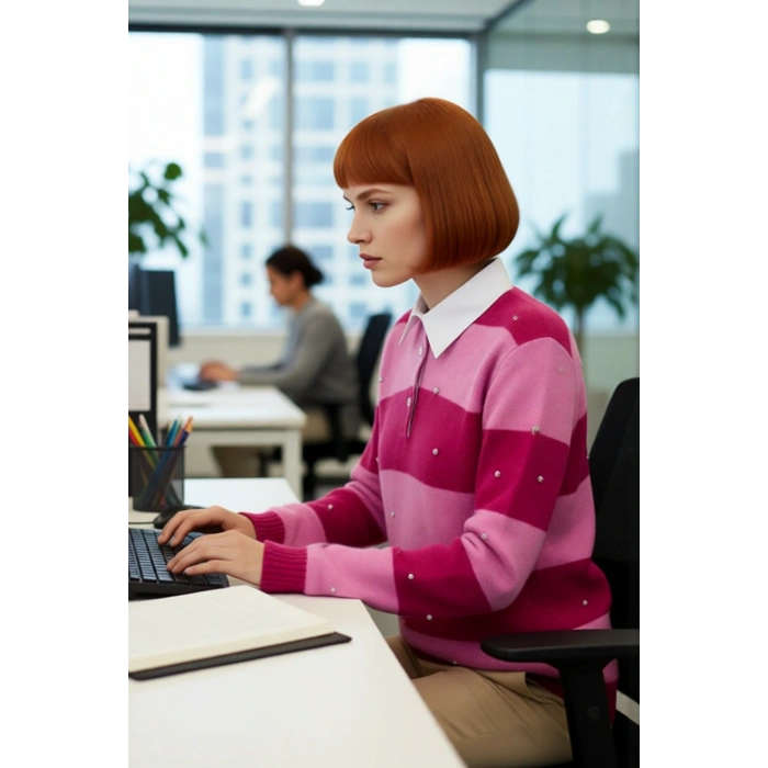 Bayan Yumuşak Dokulu Polo Yaka Çizgili Oversize Triko Kazak Düşük Kol Detaylı Kışlık Casual Şıklık