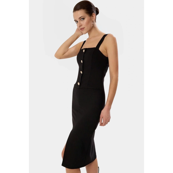 Bodycon Elbise Midi Boy Kolsuz Düğmeli Detay Polyester Elastan Karışımı