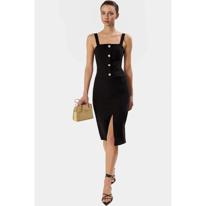 Bodycon Elbise Midi Boy Kolsuz Düğmeli Detay Polyester Elastan Karışımı